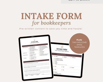 Könnte beinhalten: Zwei digitale Tablets mit einer Vorlage für ein Aufnahmeformular für Buchhalter. Der Text lautet "INTAKE FORM for bookkeepers" und "Simplify onboarding with an all-in-one client intake form."