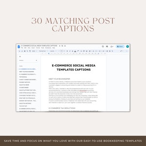 Pode incluir: Uma captura de tela de um computador mostrando um documento do Google Docs com o t&iacute;tulo "E-commerce Social Media Templates Captions". O documento cont&eacute;m uma lista de t&oacute;picos relacionados &agrave; contabilidade de com&eacute;rcio eletr&ocirc;nico, como "Conhe&ccedil;a seu contador", "Dedu&ccedil;&otilde;es fiscais de com&eacute;rcio eletr&ocirc;nico" e "Meme de imposto sobre vendas".