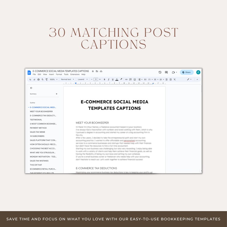 Pode incluir: Uma captura de tela de um computador mostrando um documento do Google Docs com o t&iacute;tulo "E-commerce Social Media Templates Captions". O documento cont&eacute;m uma lista de t&oacute;picos relacionados &agrave; contabilidade de com&eacute;rcio eletr&ocirc;nico, como "Conhe&ccedil;a seu contador", "Dedu&ccedil;&otilde;es fiscais de com&eacute;rcio eletr&ocirc;nico" e "Meme de imposto sobre vendas".