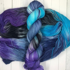 Hand Dyed Yarn - Unwind - 100g Fingering Weight Sock Yarn | DK | Worsted - Variegated Yarn - Blue, Purple, Gray, Black - Dyed To Order