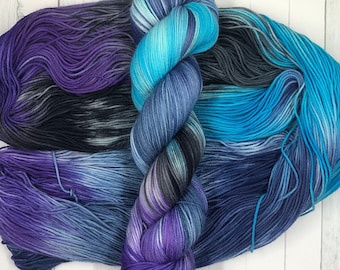 Hand Dyed Yarn - Unwind - 100g Fingering Weight Sock Yarn | DK | Worsted - Variegated Yarn - Blue, Purple, Gray, Black - Dyed To Order