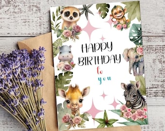 Cartões de aniversário de safari de animais para impressão, cartão de aniversário de animais da selva, download digital, cartão para impressão de animais de festa,
