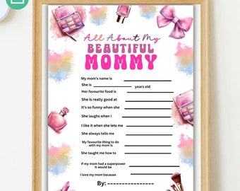 Alles over mijn mooie moeder Afdrukbare invulsjabloon, Moederdagcadeau, Alles over mijn mama, moeder, oma, oma, moeder, Moederdagactiviteit