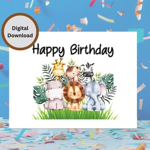 Carte imprimable de joyeux anniversaire d'animal de safari, cartes de joyeux anniversaire pour des enfants, téléchargement numérique, téléchargement instantané, impression numérique, carte de voeux