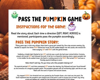 Puede incluir: Una hoja de juego impresa titulada PASS THE PUMPKIN GAME con instrucciones y una historia. El texto incluye las palabras LEFT, RIGHT y ACROSS en naranja. La hoja presenta pequeñas ilustraciones de un fantasma verde, una calabaza y un fantasma brujo morado.