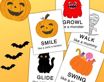 Puede incluir: Un conjunto de tarjetas temáticas de Halloween con ilustraciones y texto. Las tarjetas presentan una calabaza sonriente, un monstruo rojo, una momia, un gato negro y una calabaza llena de caramelos. Fondo amarillo con siluetas de murciélagos.