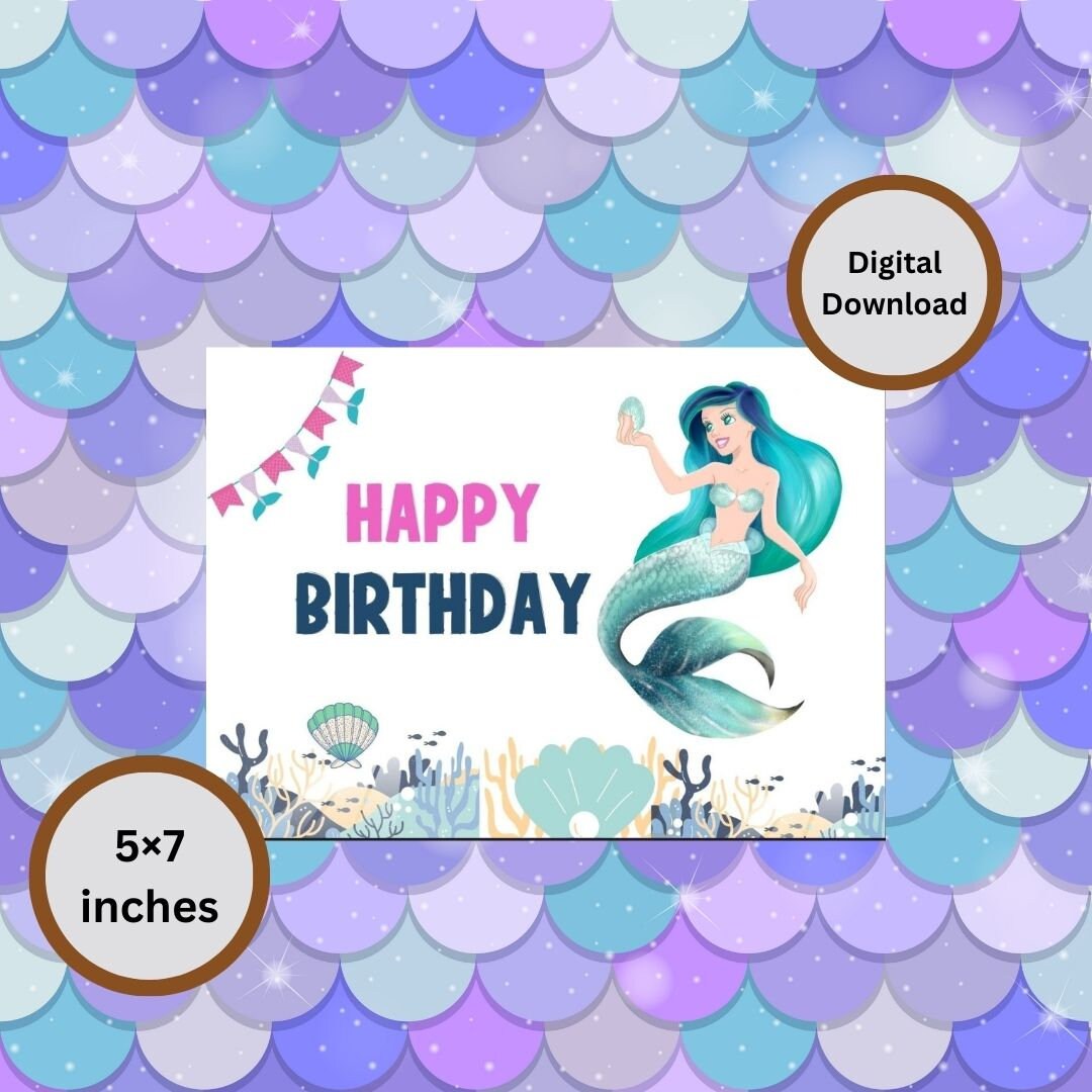 Printable Mermaid Birthday Cardmermaid Carddigital - Etsy