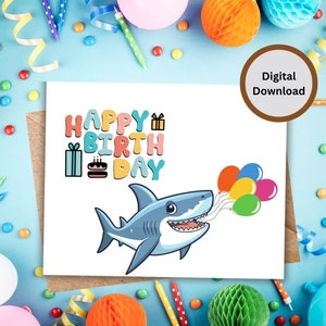 Shark Happy Birthday Card,Happy Birthday Card For Kids,Digital Download,Instant download,Digital Print,Printable Shark Birthday Card