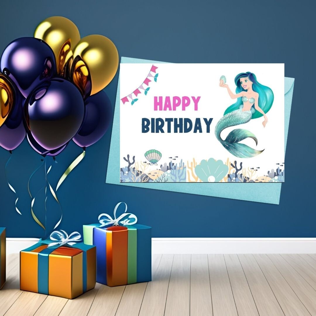 Printable Mermaid Birthday Cardmermaid Carddigital - Etsy