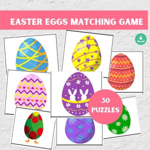 May include: A printable Easter egg matching game with 30 puzzles. The game features colorful eggs with different patterns, including stripes, polka dots, hearts, and bunnies.