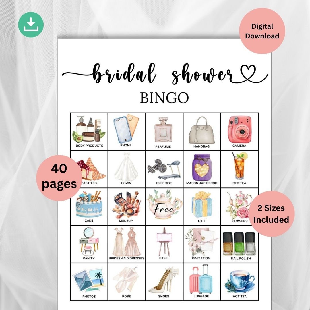 Printable Bridal Shower Bingo Cards,40 Pages Bingo Cards and Games,kids Wedding Games,wedding ...