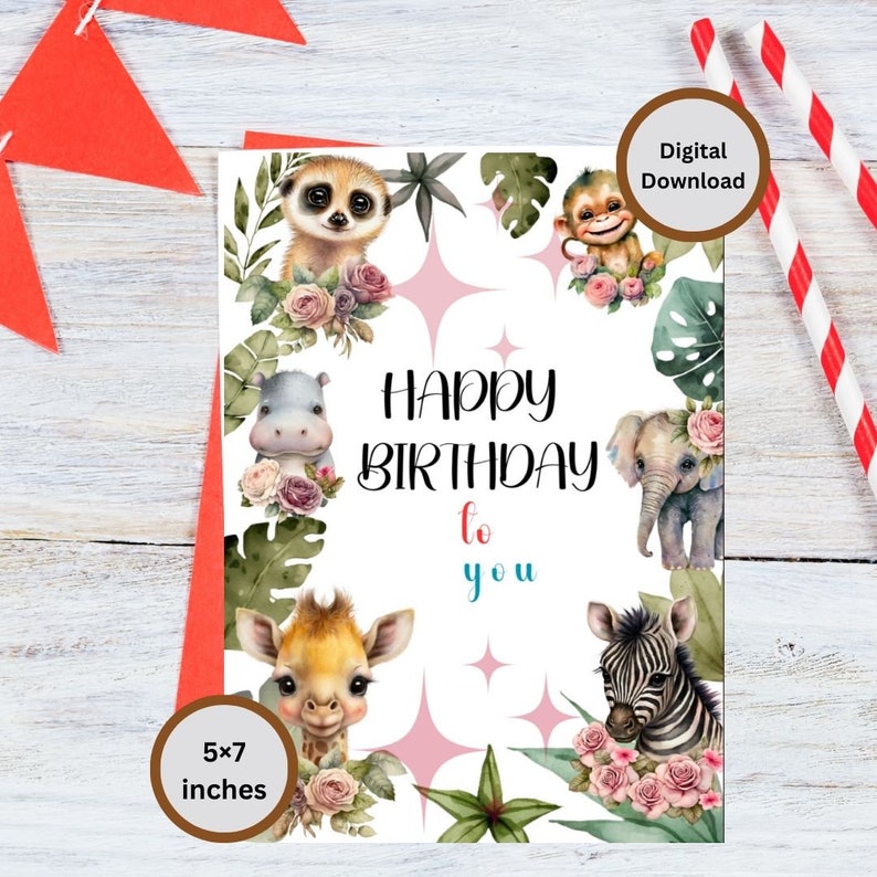 Printable Animal Safari Birthday Cards,jungle Animals Birthday Card ...