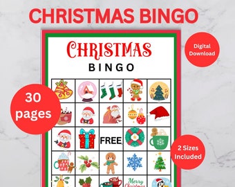 May include: A Christmas Bingo game sheet with a red and green border. The title "Christmas Bingo" is at the top. The game board features Christmas-themed illustrations, including Santa, ornaments, and a Christmas tree. The words "30 pages", "Digital Download", and "2 Sizes Included" are also visible.