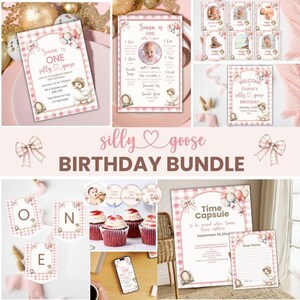 Silly Goose Birthday Bundle Editable Template | 1st Birthday Invitation, Party Decor, Signs, Tags | Goose Theme Canva Template,Floral Goose