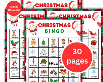 May include: A stack of Christmas Bingo game sheets with a red and green border. The sheets feature Santa Claus illustrations and Christmas-themed images. The text "CHRISTMAS BINGO" is displayed prominently, along with "30 pages" and "Digital Download".