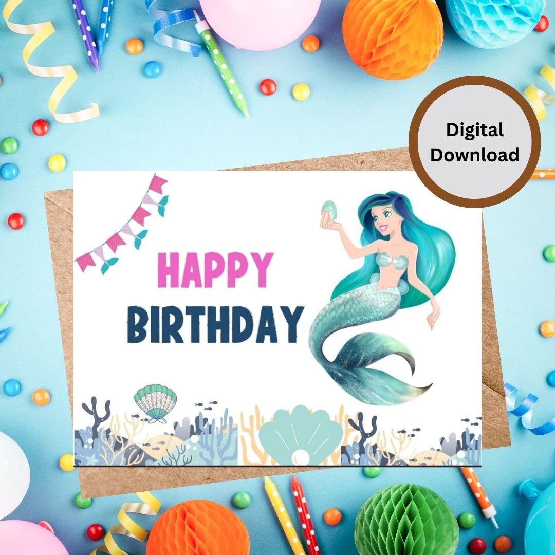 Printable Mermaid Birthday Cardmermaid Carddigital - Etsy