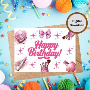 Biglietto di buon compleanno trucco, Biglietto di compleanno per ragazze adolescenti, Biglietto di compleanno glamour, Biglietto di moda, Download istantaneo, Stampa digitale, Biglietto di compleanno stampabile