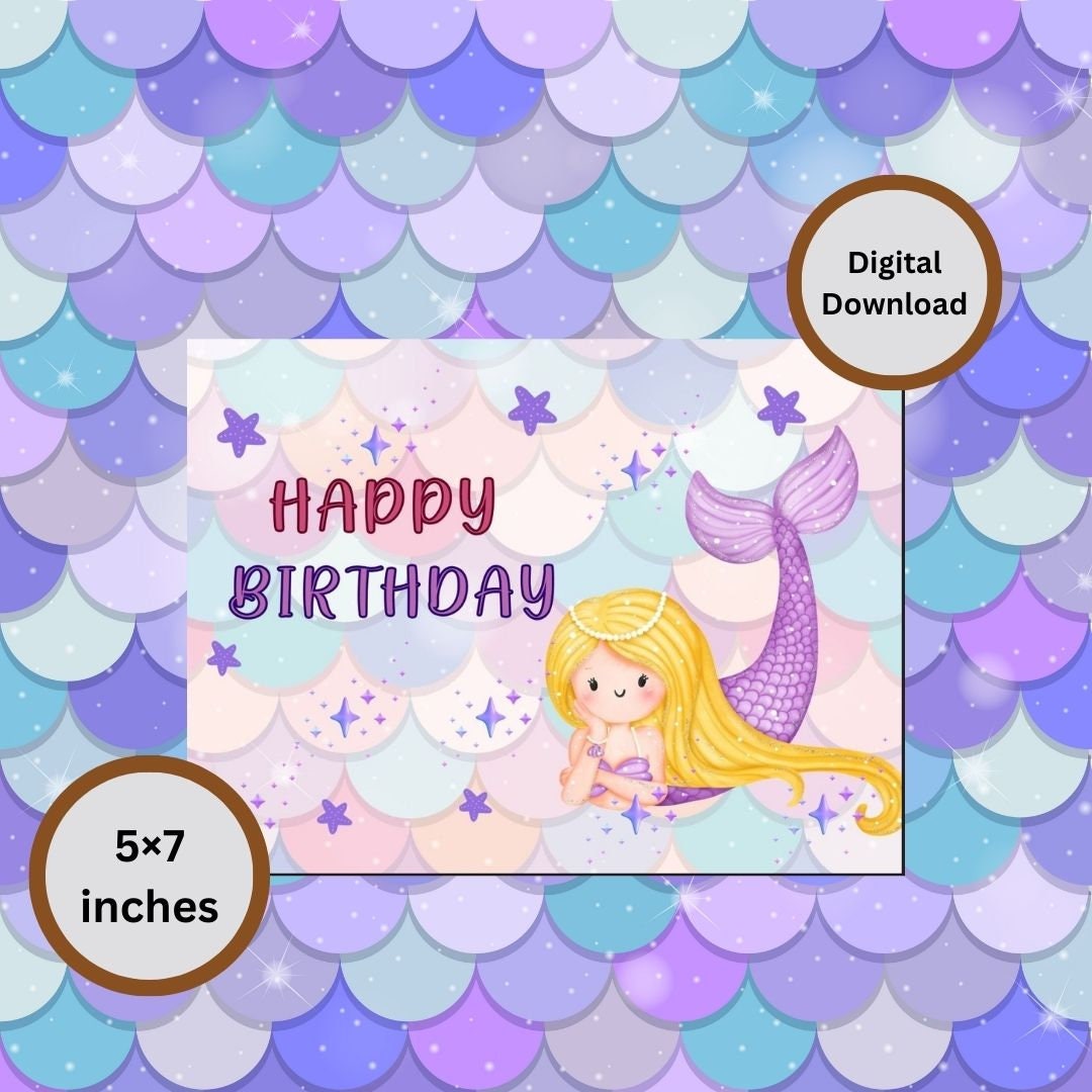 Printable Mermaid Birthday Cardmermaid Carddigital - Etsy