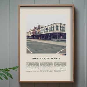 Vintage style Print of Brunswick, Melbourne, Australia. Melbourne Poster Art, Original Design and writeup.