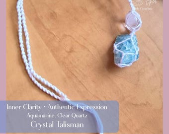 Aquamarine Clear Quartz Crystal Talisman, Handmade Macrame Necklace, Spiritual Jewelry, Intentional Wearable Art