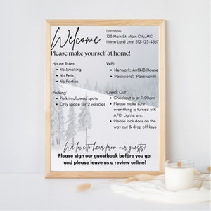 Vacation Rental Welcome, AirBNB Welcome Sign, Vacation Rental Information Sign - Winter Theme Sign - Editable Download