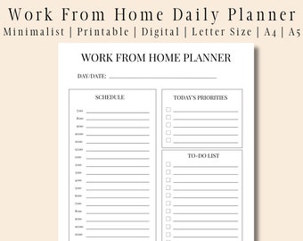 Work From Home Daily Planner | Minimalist Work From Home Daily Printable Planner | Work From Home Planner With Note Pages | Digital Planner