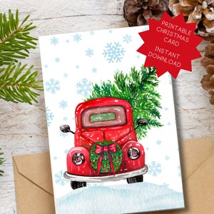 Printable Christmas Card | Classic Christmas | Christmas Red Truck & Tree Christmas Card | 5x7 Printable Card | Printable Instant Download
