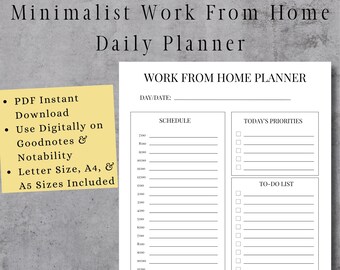 Work From Home Daily Planner | Minimalist Work From Home Daily Printable Planner | Work From Home Planner With Note Pages | Digital Planner