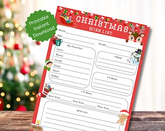 Lista dei desideri di Natale per bambini / Lista dei desideri di Natale dettagliata / Lista dei desideri stampabile / Lista di Natale / Download istantaneo stampabile