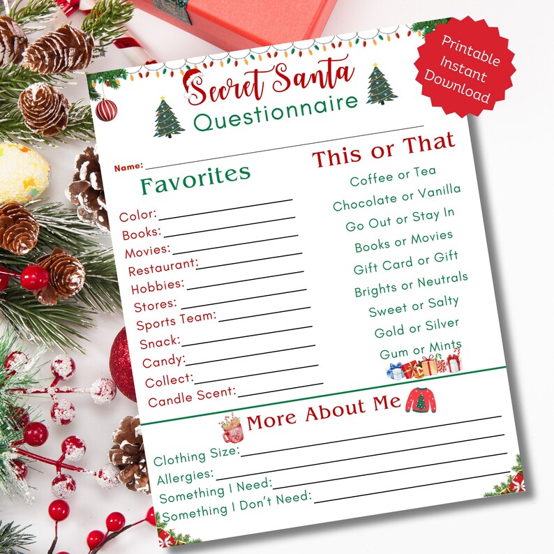 Secret Santa Gift Exchange Secret Santa Questionnaire - Etsy