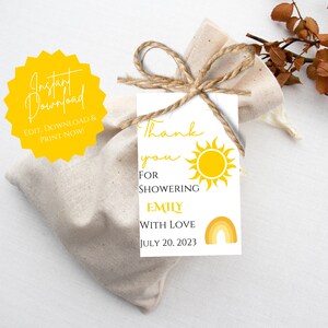 Sunshine Baby Shower Favor Tag | Sonnenstrahl auf dem Weg Duschbevorzugung Anhänger | Sonnenschein Babyparty | Sofortiger Download Bearbeitbare Vorlage