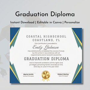 Highschool Diploma Template | Highschool Graduation | Graduation Ceremony | Graduation Diploma | Printable Diploma | Editable Download