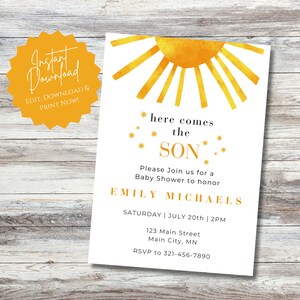 Sunshine Baby Shower Invitation | Here Comes the Son Baby Shower Invite | Boho Sunshine Shower | INSTANT Digital DOWNLOAD