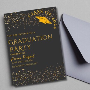 Black Gold Graduation Party Invitation | High School Graduation Invitation | College Graduation Invitation |  Editable Template