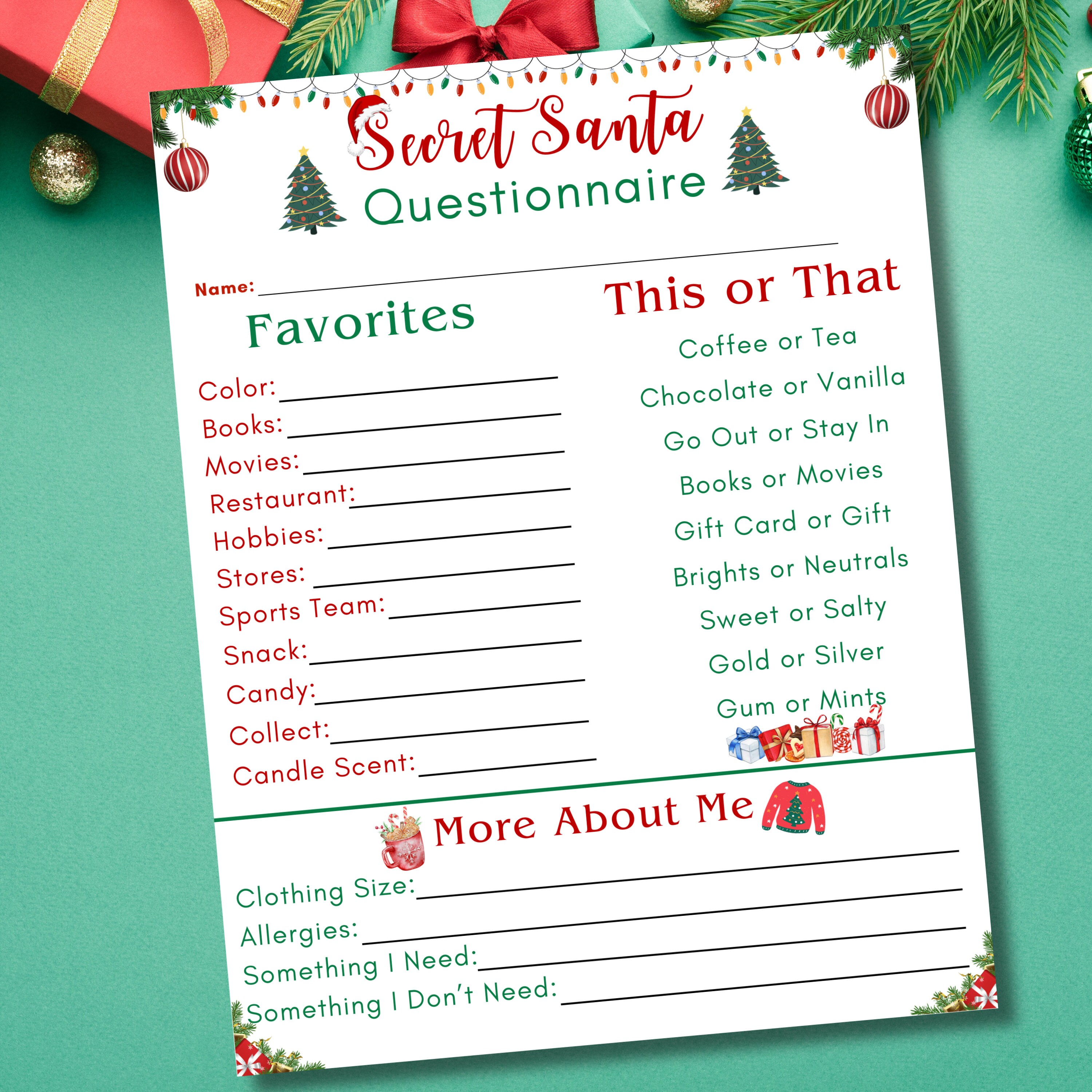Secret Santa Gift Exchange Secret Santa Questionnaire Christmas Gift ...