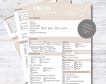 May include: A printable birth preferences checklist with sections for delivery, pain relief, birth positions, and other pregnancy information. The checklist is designed to help expectant parents plan for their birth experience.
