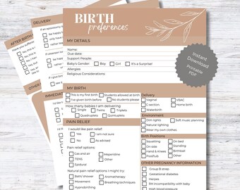 May include: A printable birth preferences checklist with sections for delivery, pain relief, birth positions, and other pregnancy information. The checklist is designed to help expectant parents plan for their birth experience.