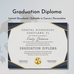 Highschool Diploma Template | Highschool Graduation | Graduation Ceremony | Graduation Diploma | Printable Diploma | Editable Download