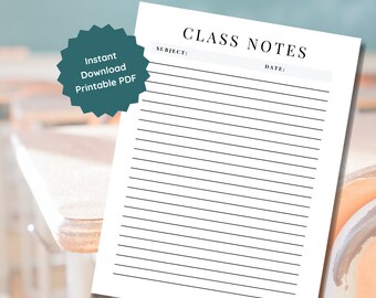 Papel imprimible / Página de notas de clase imprimible / Notas de conferencia / Página de notas para estudiantes / Papel de notas digital / Descarga instantánea de PDF imprimible