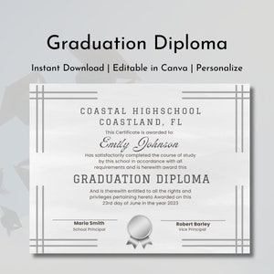 Highschool Diploma Template | Highschool Graduation | Graduation Ceremony | Graduation Diploma | Printable Diploma | Editable Download