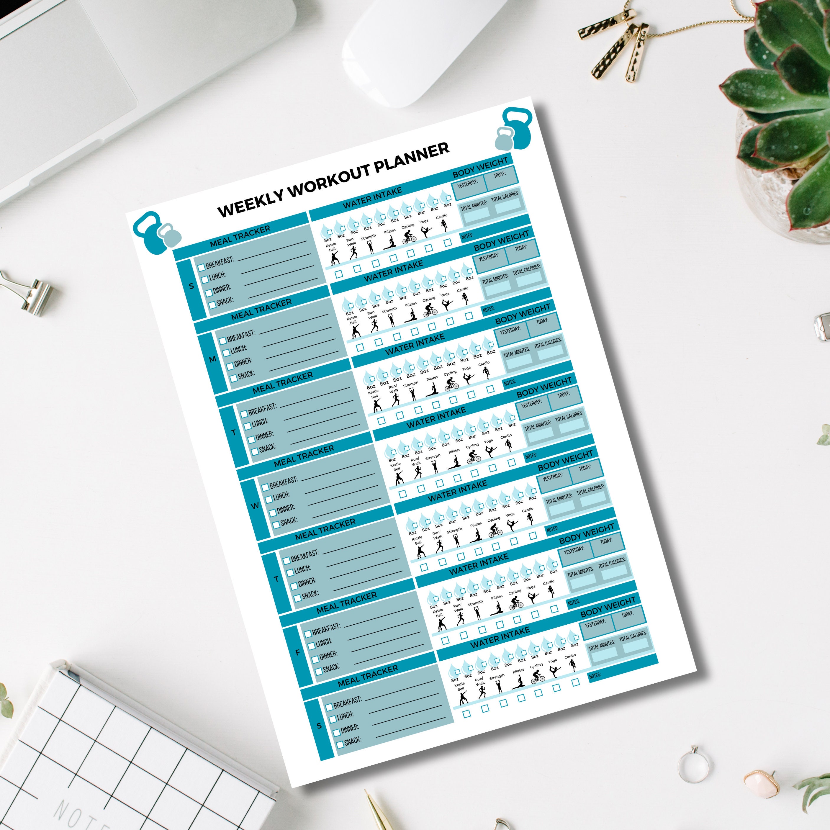 Weekly Workout Planner | Daily Exercise Log | Fitness Journal | Workout Journal | Workout ...