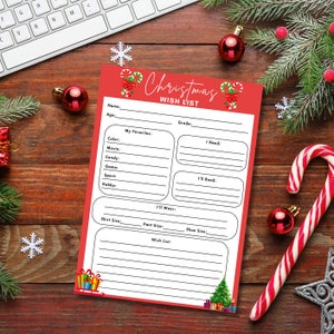 Pu&ograve; includere: Un modello di lista dei desideri di Natale rosso e bianco con illustrazioni di bastoncini di zucchero e alberi di Natale. Il modello ha sezioni per il nome, l'et&agrave;, la classe, il colore preferito, il film, le caramelle, il gioco, lo sport, l'hobby, ci&ograve; di cui hanno bisogno, ci&ograve; che leggeranno, la taglia della maglietta, la taglia dei pantaloni, la taglia delle scarpe e una lista dei desideri.