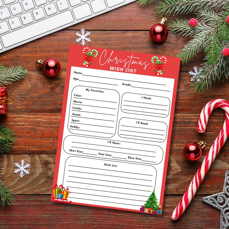 Pu&ograve; includere: Un modello di lista dei desideri di Natale rosso e bianco con illustrazioni di bastoncini di zucchero e alberi di Natale. Il modello ha sezioni per il nome, l'et&agrave;, la classe, il colore preferito, il film, le caramelle, il gioco, lo sport, l'hobby, ci&ograve; di cui hanno bisogno, ci&ograve; che leggeranno, la taglia della maglietta, la taglia dei pantaloni, la taglia delle scarpe e una lista dei desideri.