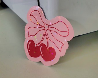 Coquette sticker Heart cherries sticker Holographic Pink bow sticker Soft Girl Era Aesthetic Ribbon decor Cherry sticker Stanley sticker