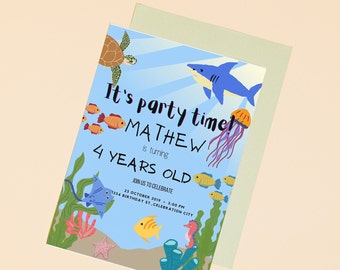 Ocean, Sea Animals Theme Digital Invitation Template, Editable Invitation