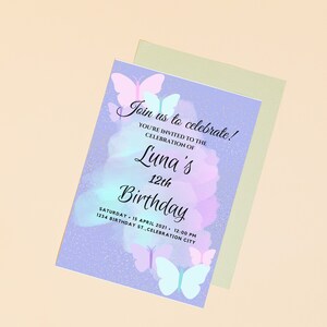Butterfly with Pink, Purple, & Blue Digital Invitation Template, Birthday Editable Invitation