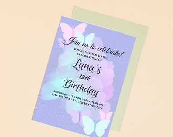 Butterfly with Pink, Purple, & Blue Digital Invitation Template, Birthday Editable Invitation