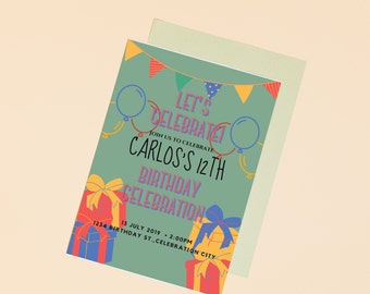 Green Balloon & Presents Digital Invitation Template, Birthday celebration Editable Invitation