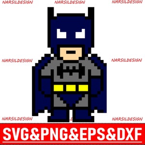 May include: A pixelated illustration of Batman in a blue cape and gray suit with a yellow belt. The background is black.