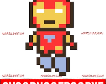 May include: Pixelated illustration of a superhero in a red and yellow suit with a blue chest emblem and blue pants. The image includes the text "SVG&PNG&EPS&DXF" in a red box at the bottom, with the name "NARSILDESIGN" repeated around the edges.